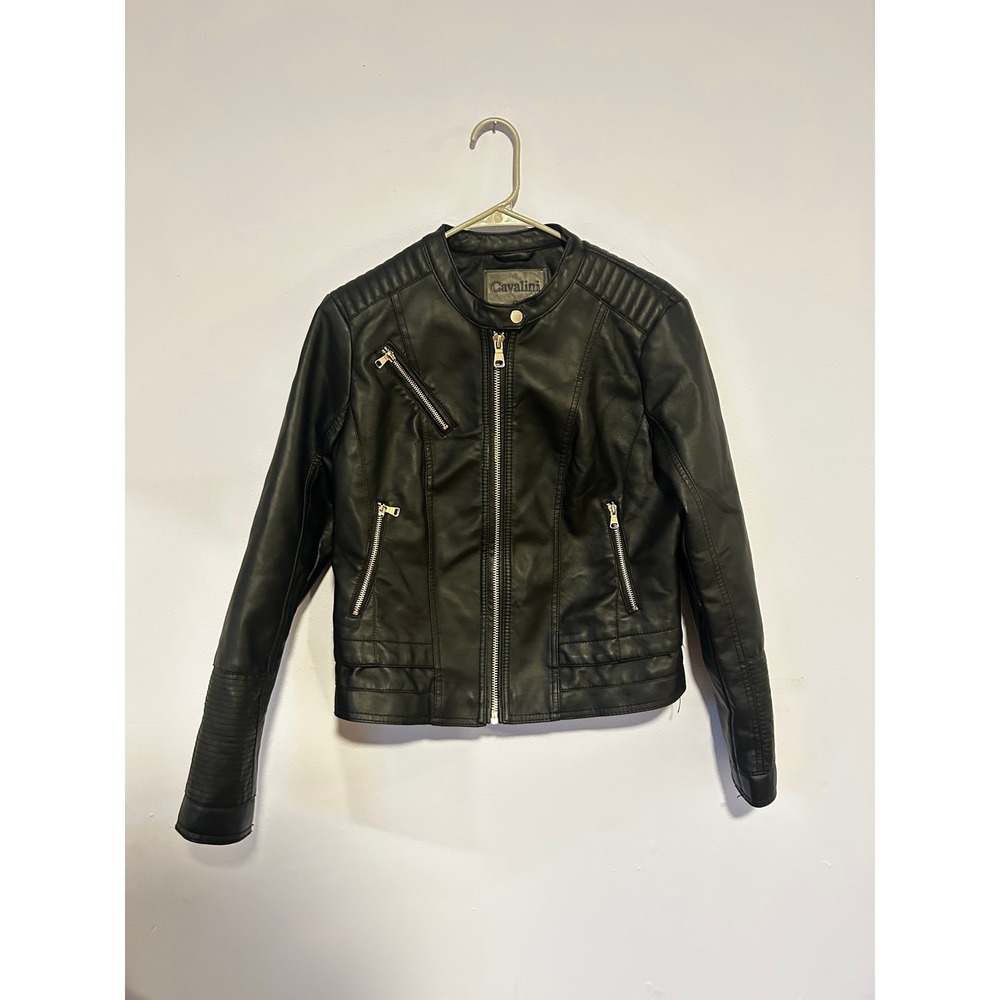 Black Cavalini Faux Leather Moto Jacket Quilted Shoulder L Womens‎